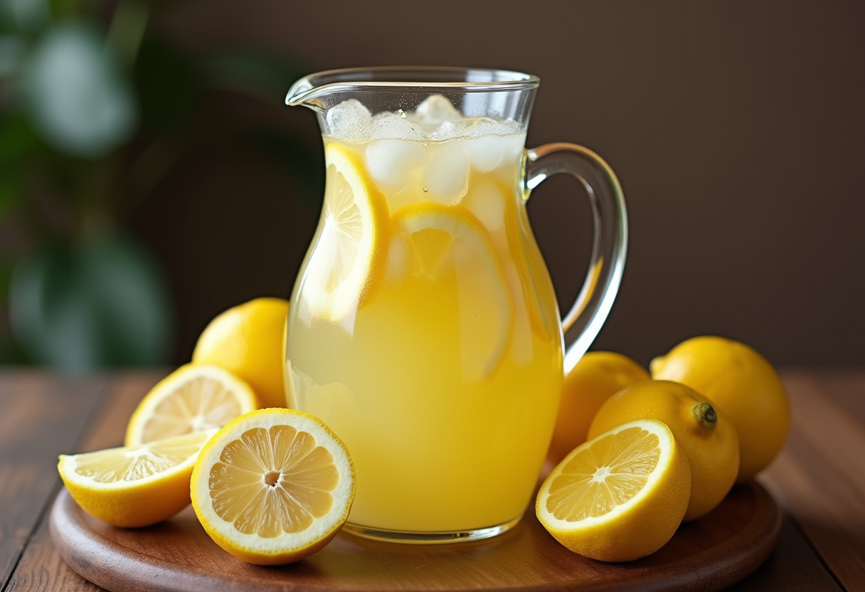 Preparando granizado de limón con limonada y hielo en una jarra refrescante.