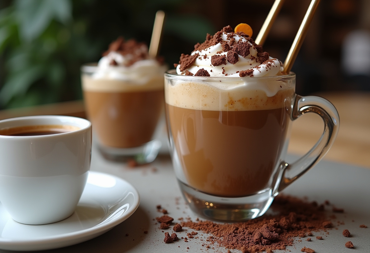 Servido granizado de café en copas con virutas de chocolate para refrescarse.