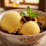 Delicious helado de pasas al rón served with raisins and mint, ideal for dessert.
