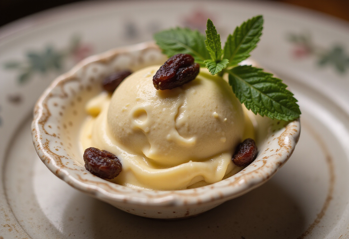 Delicioso helado de pasas al ron servido con pasas y menta, ideal para el postre.