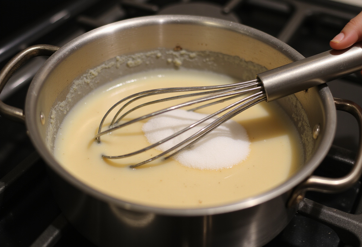 Calentando la mezcla de crema y azúcar para hacer helado de pasas al ron.