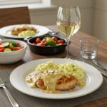 Receta de pollo en salsa de ajo servida en la mesa, ideal para una cena rápida.