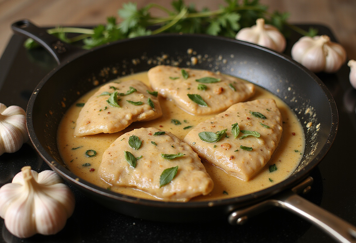 Pollo en sartén con salsa de ajo cremoso para receta de pollo en salsa de ajo.