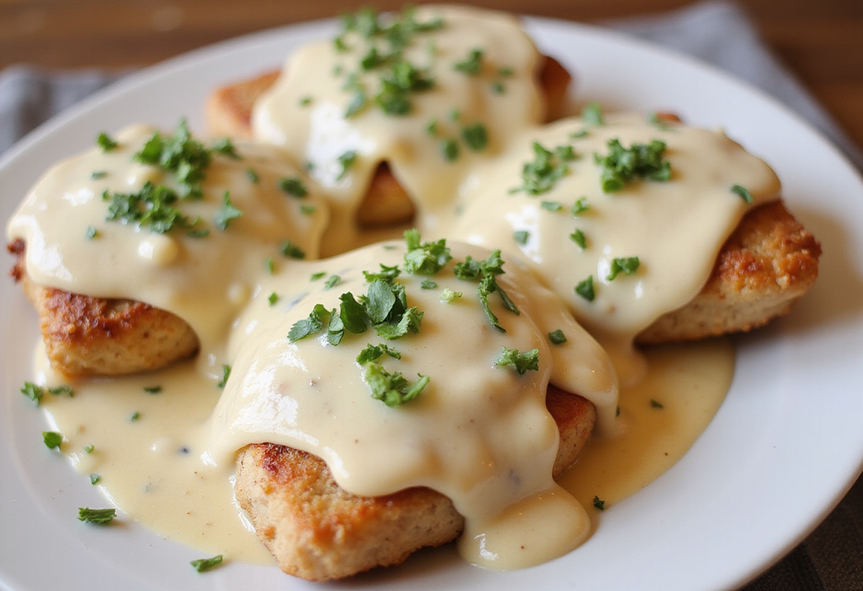 Pollo cremoso con salsa de ajo servido en un plato, receta de pollo fácil.