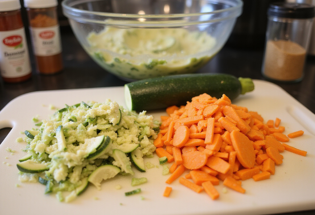 Grated zucchini and carrots prepared for hamburguesas de calabacín, showcasing a healthy vegetarian recipe.