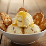 Helado de turrón casero decorado con rodajas de turrón, perfecto para disfrutar.
