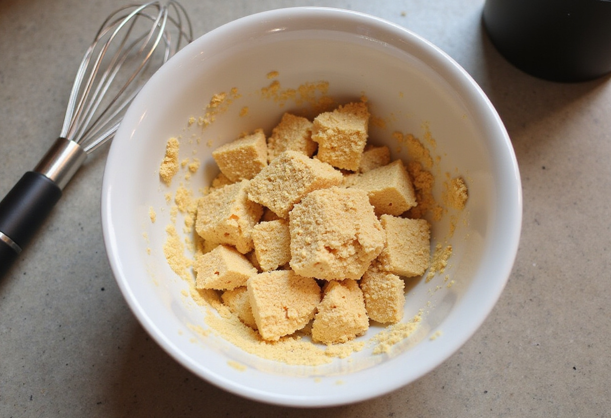 Ingredientes para helado de turrón, incluyendo turrón triturado en un bol para hacer helado de turrón.