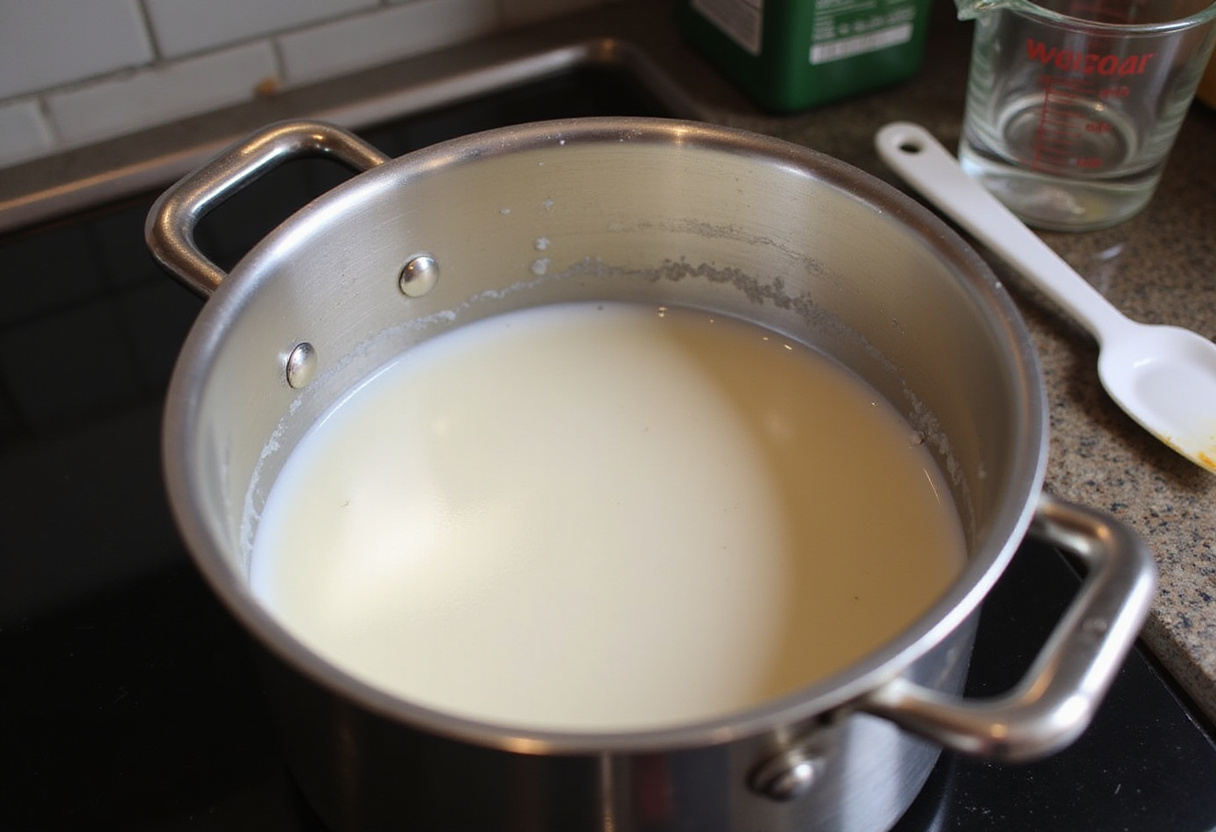 Calentamiento de la crema en una cacerola para receta de helado de turrón.