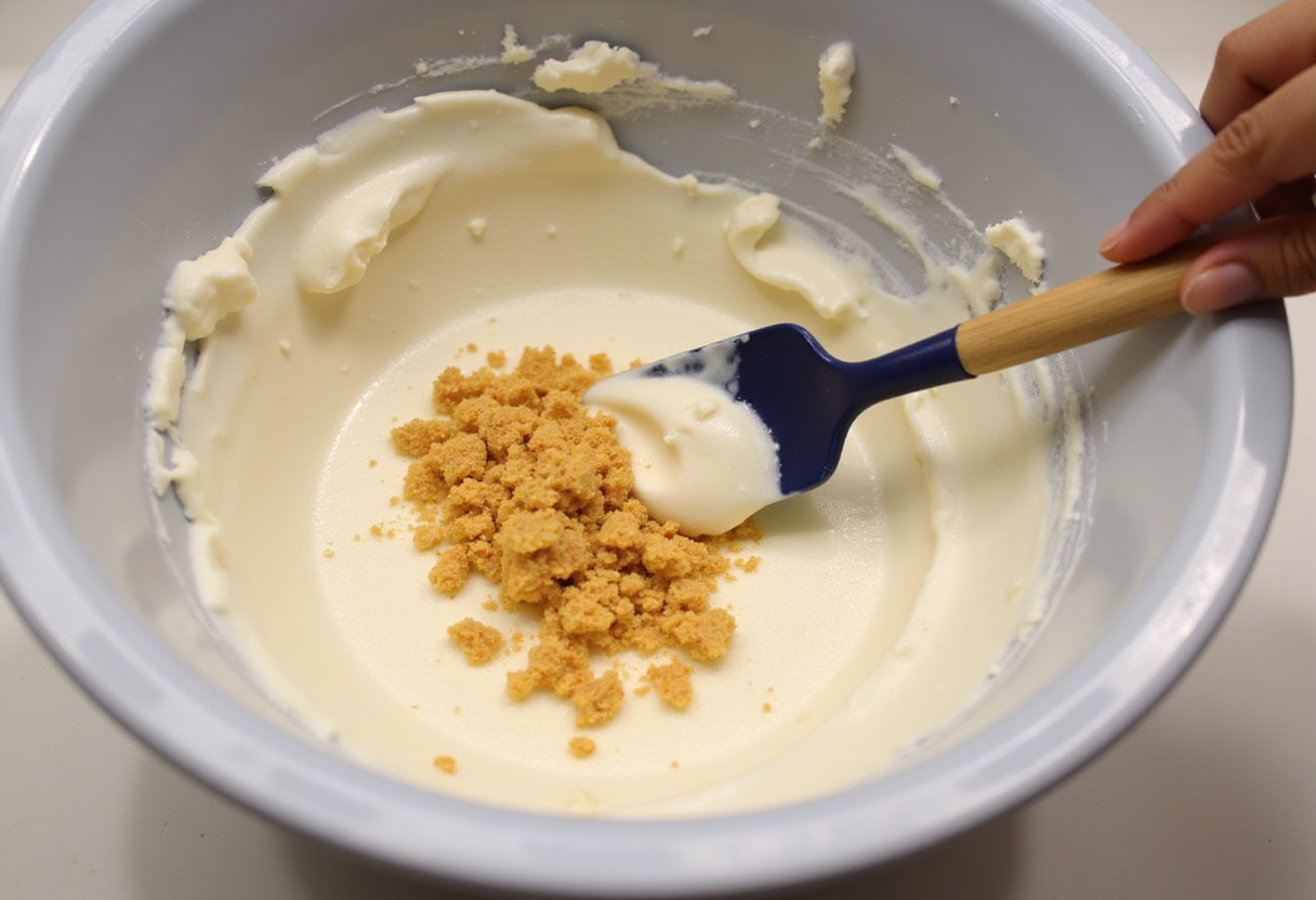 Mezcla de crema batida con turrón triturado para hacer helado casero de turrón.