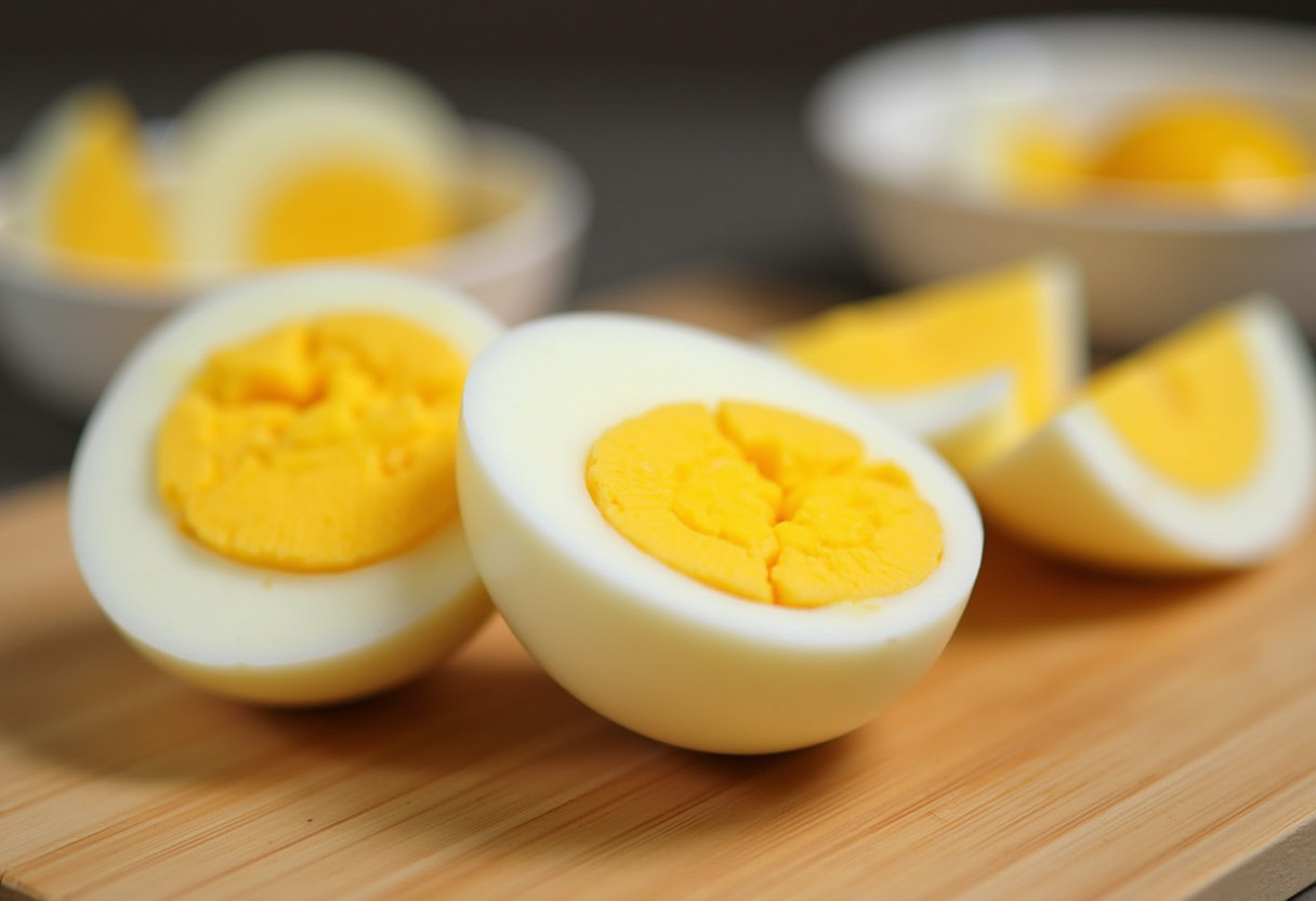 Huevos duros cortados por la mitad para preparar huevos rellenos con atún.