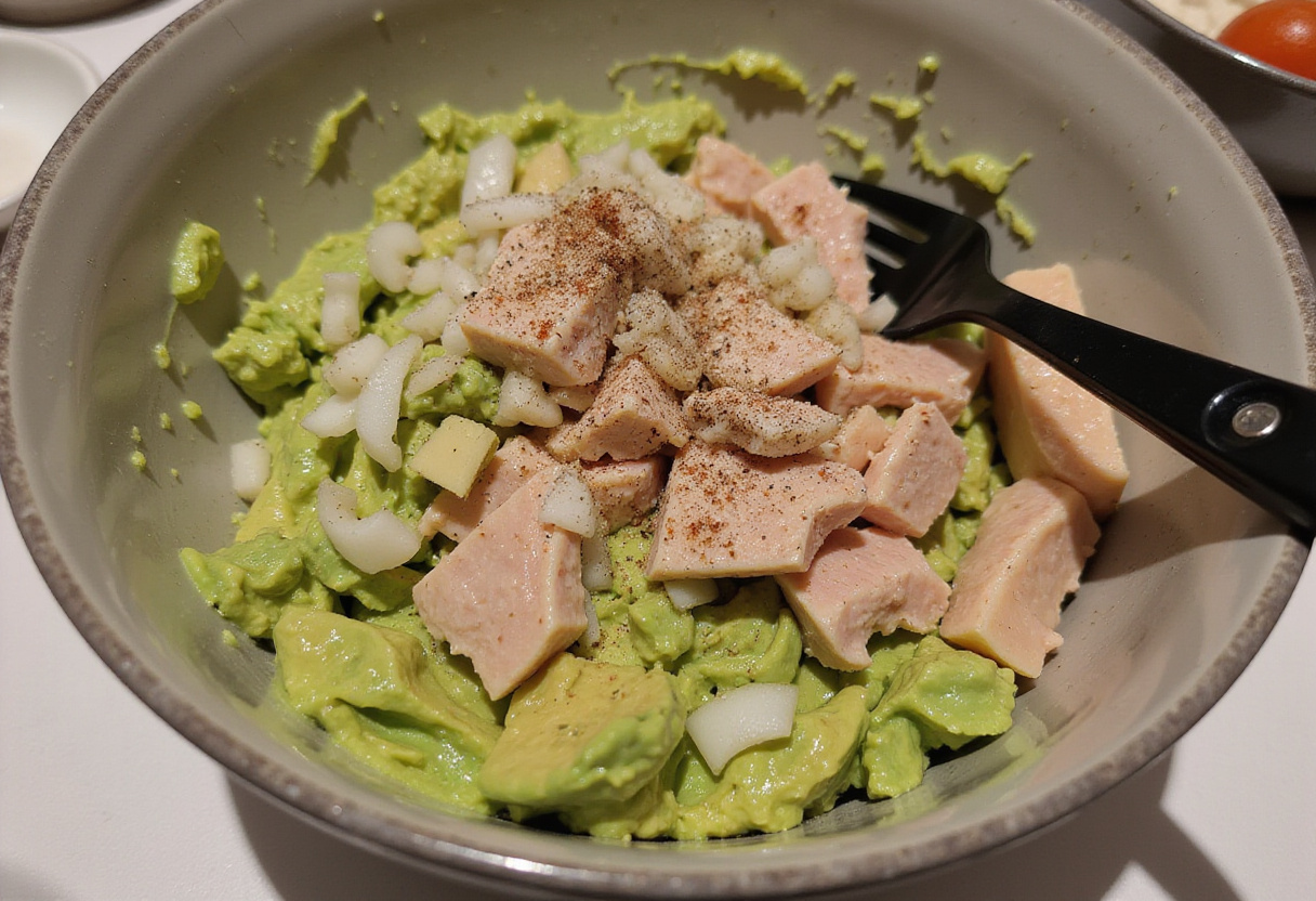 Mezcla de atún y aguacate para hacer huevos rellenos con atún.