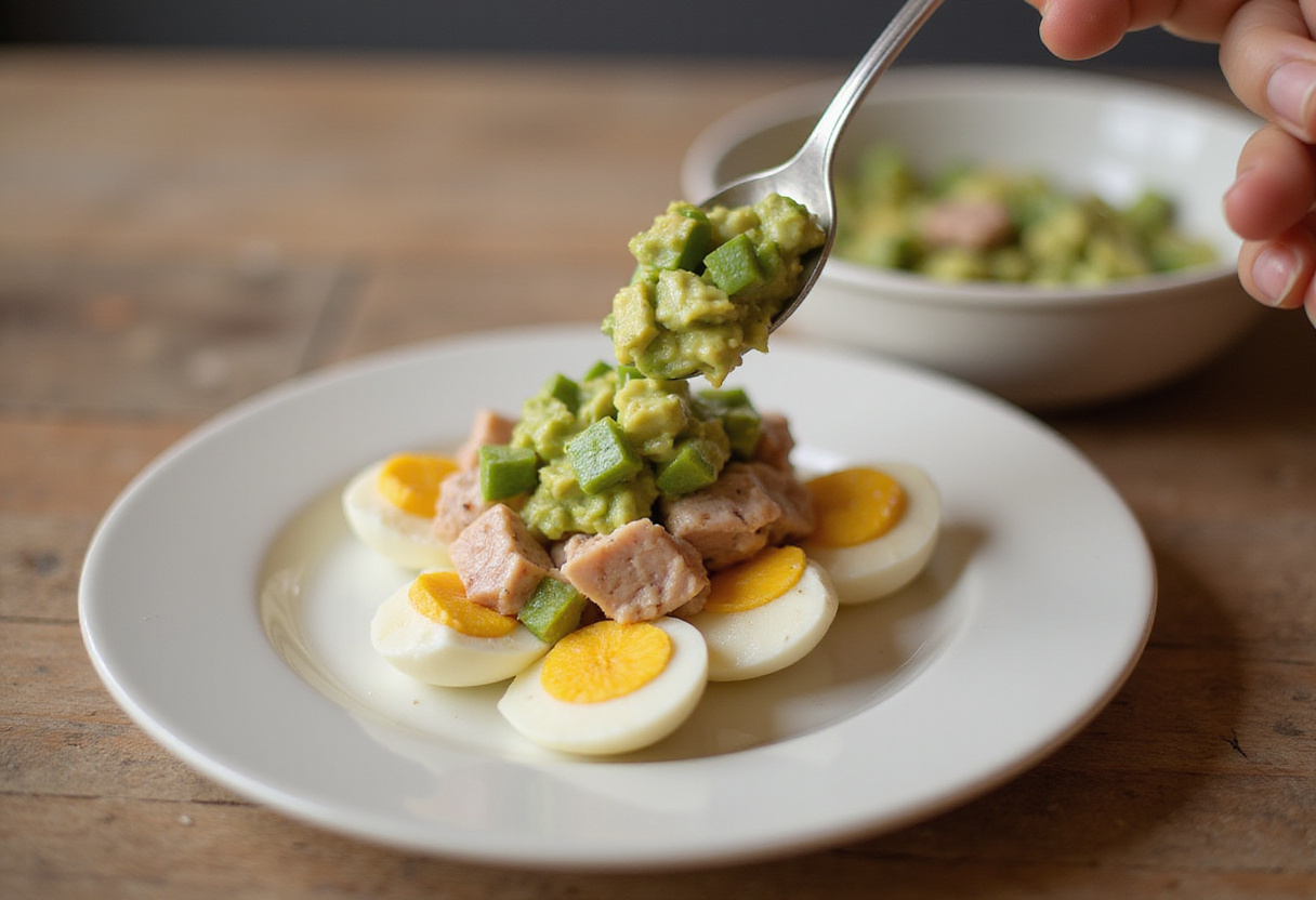 Rellenando las claras de huevo con la mezcla de atún y aguacate para recetas de huevos rellenos.
