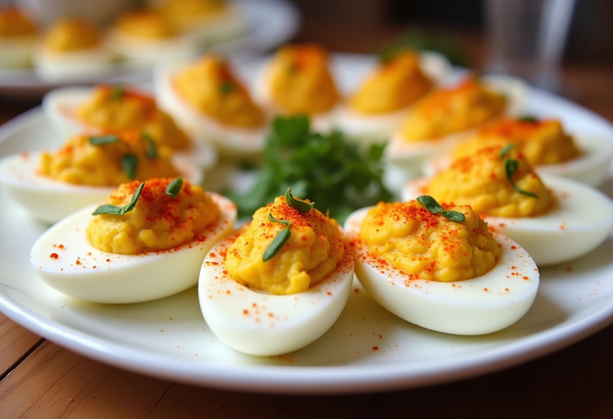 Huevos rellenos con atún decorados, listos para ser servidos en una mesa.