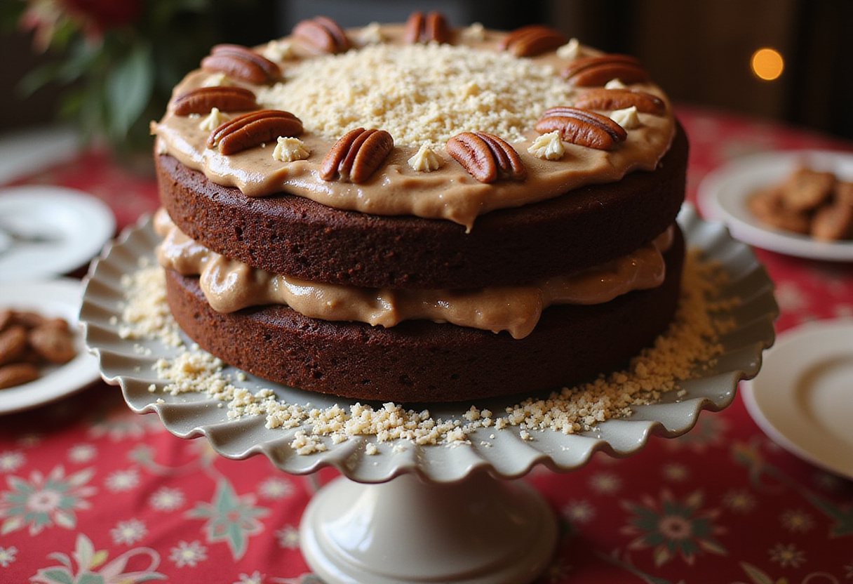 Pastel de chocolate alemán irresistible decorado y listo para servir en una celebración.