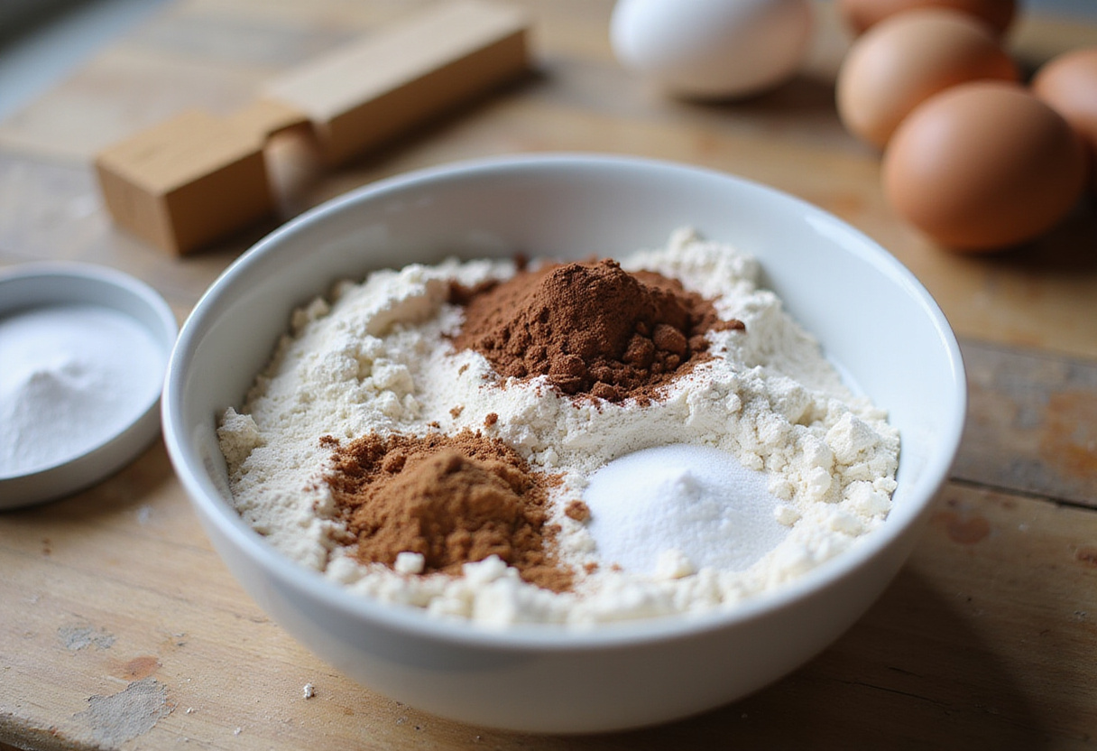 Ingredientes secos en un bol para preparar pastel de chocolate alemán irresistible.