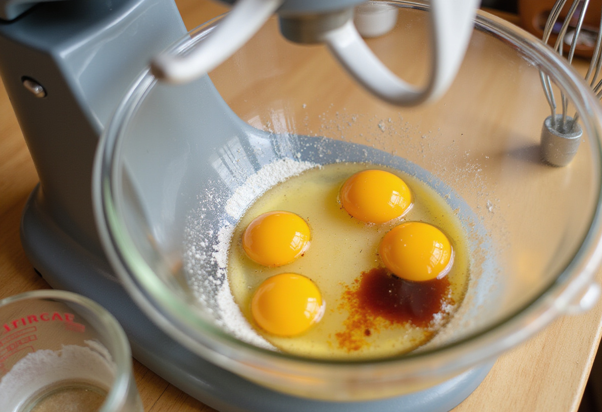 Mezclando ingredientes húmedos para el pastel de chocolate alemán irresistible.