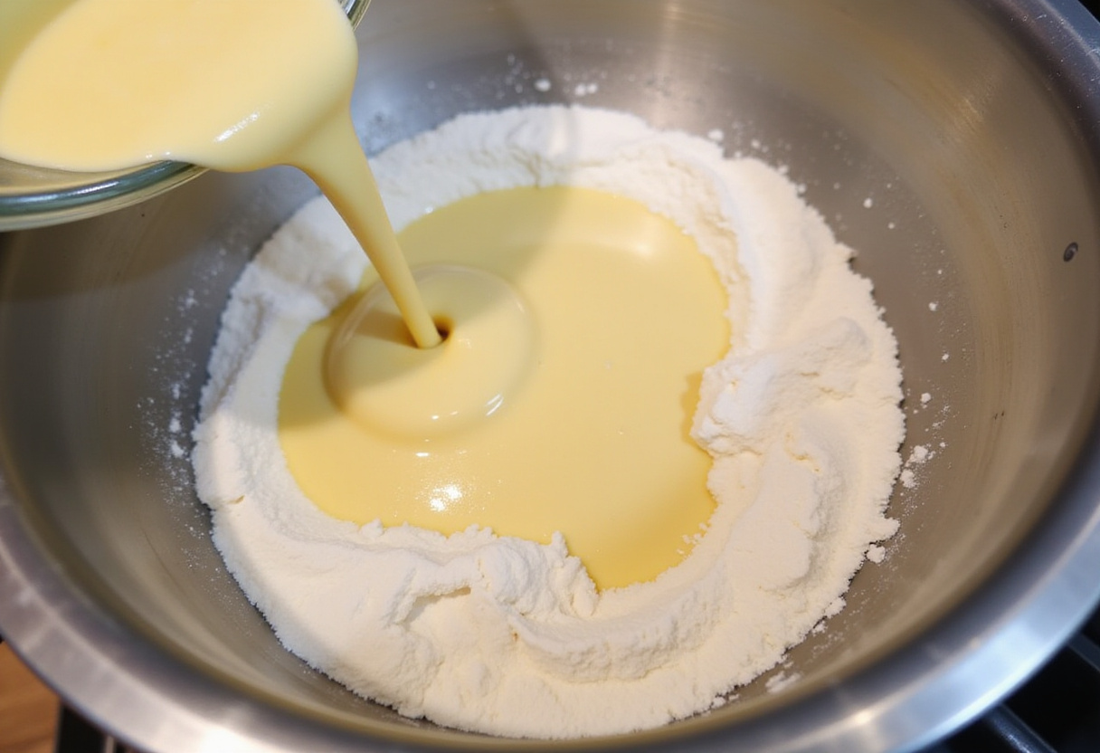 Mezcla de ingredientes húmedos incorporándose a ingredientes secos para pastel de chocolate alemán irresistible.