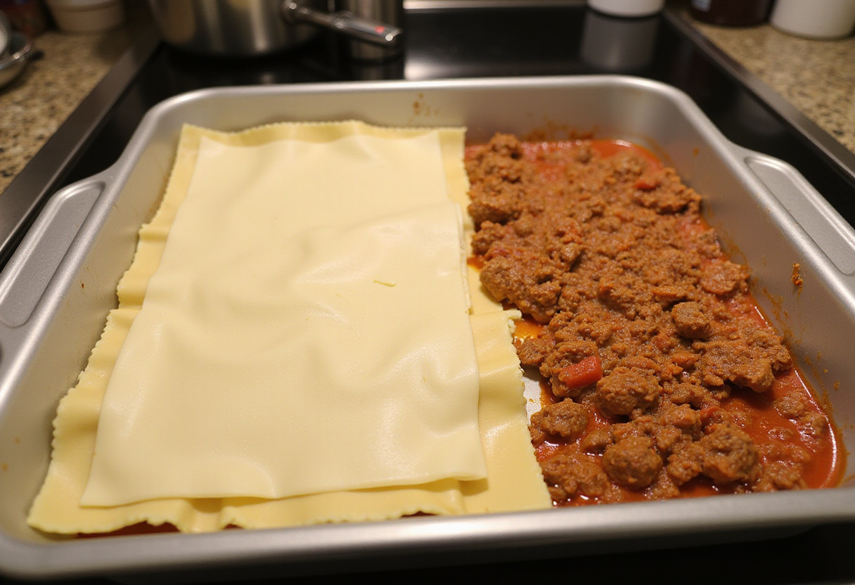 Lámina de pasta para lasaña preparada para la receta de lasaña de carne.