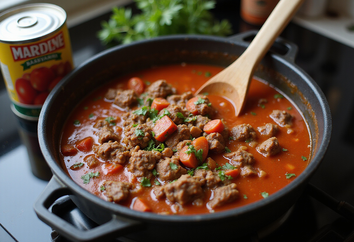 Salsa de carne cocinándose en una olla, todo listo para la lasaña con bechamel.
