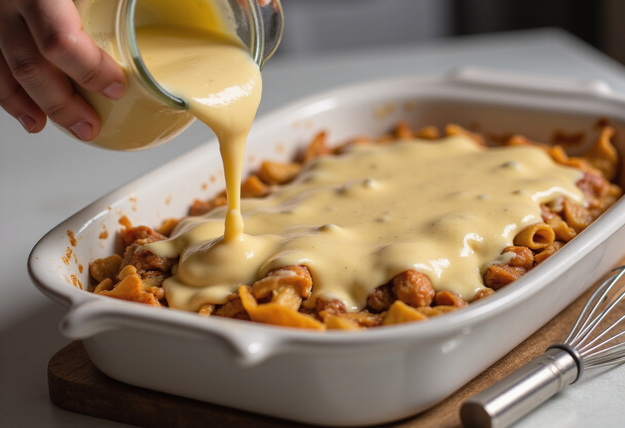 Salsa bechamel siendo vertida sobre la lasaña, completando la receta de lasaña clásica.