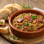 Delicious lentejas con jamón served in a rustic bowl, perfect for a hearty meal.