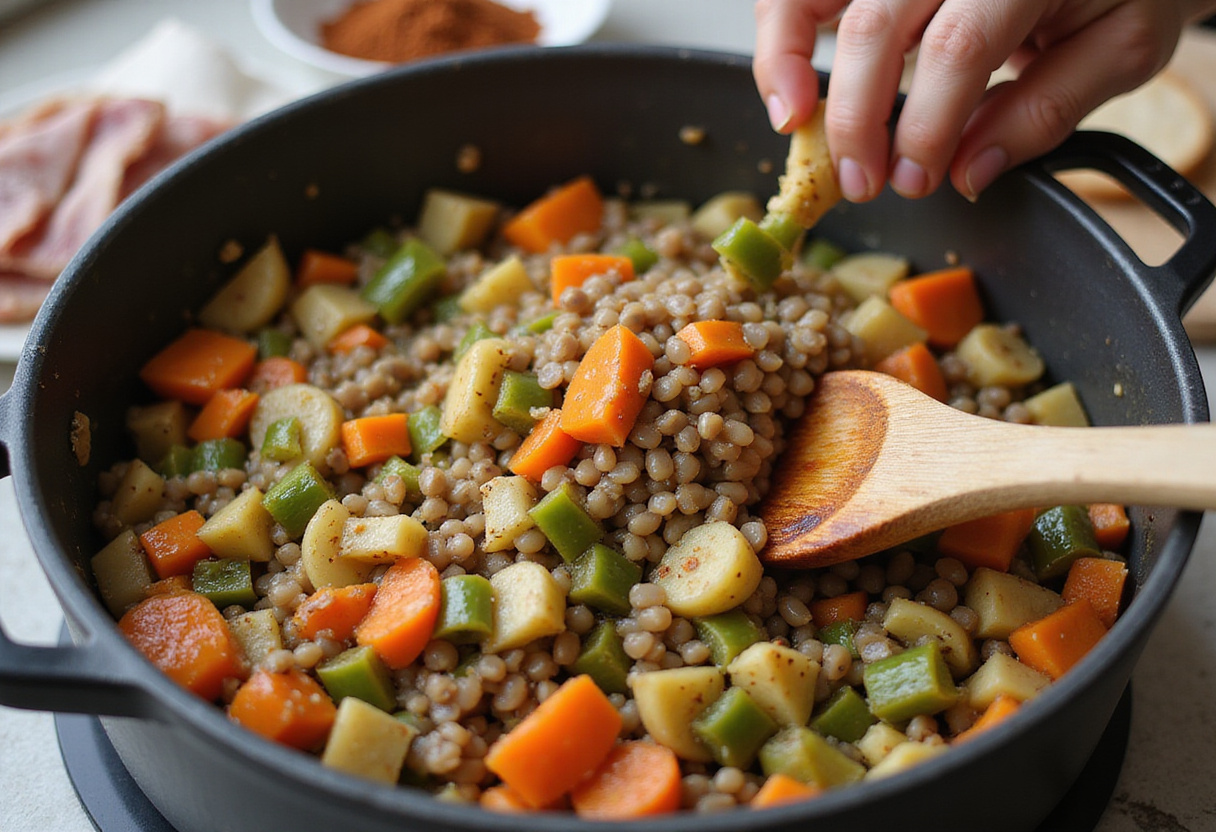 Lentejas y verduras salteadas combinadas para lentejas con jamón.