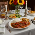 Complete lomo adobado con pimientos dinner setup, ideal for celebrations.