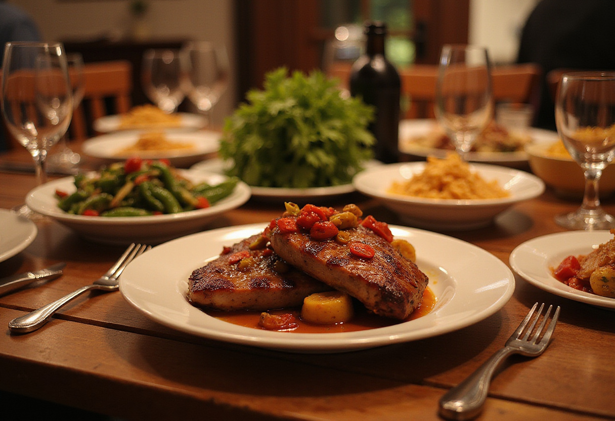 Complete lomo adobado con pimientos dinner setup, ideal for celebrations.