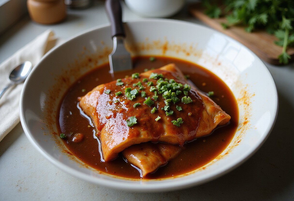 Lomo adobado being marinated with adobo sauce, showcasing the receta de lomo.