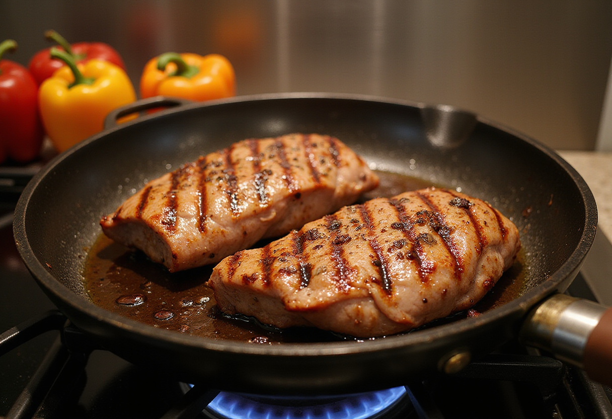 Pork loin being grilled for lomo al horno, with colorful pimientos asados ready to be added.