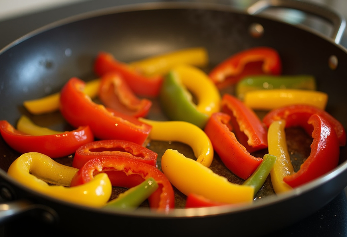 Sautéed pimientos asados that complement the lomo adobado recipe.