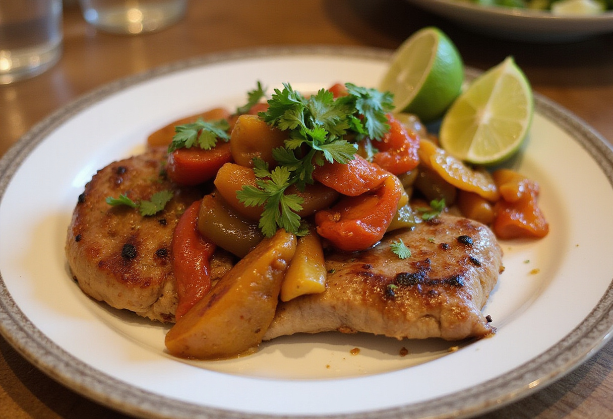 Lomo adobado dish garnished with pimientos asados, perfect for any gathering.