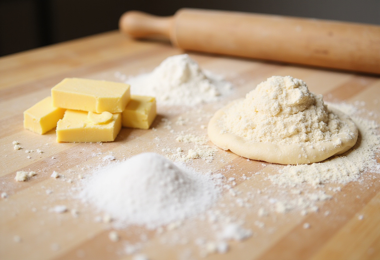 Ingredients for masa de hojaldre casera on a wooden surface, including flour, butter, and salt.