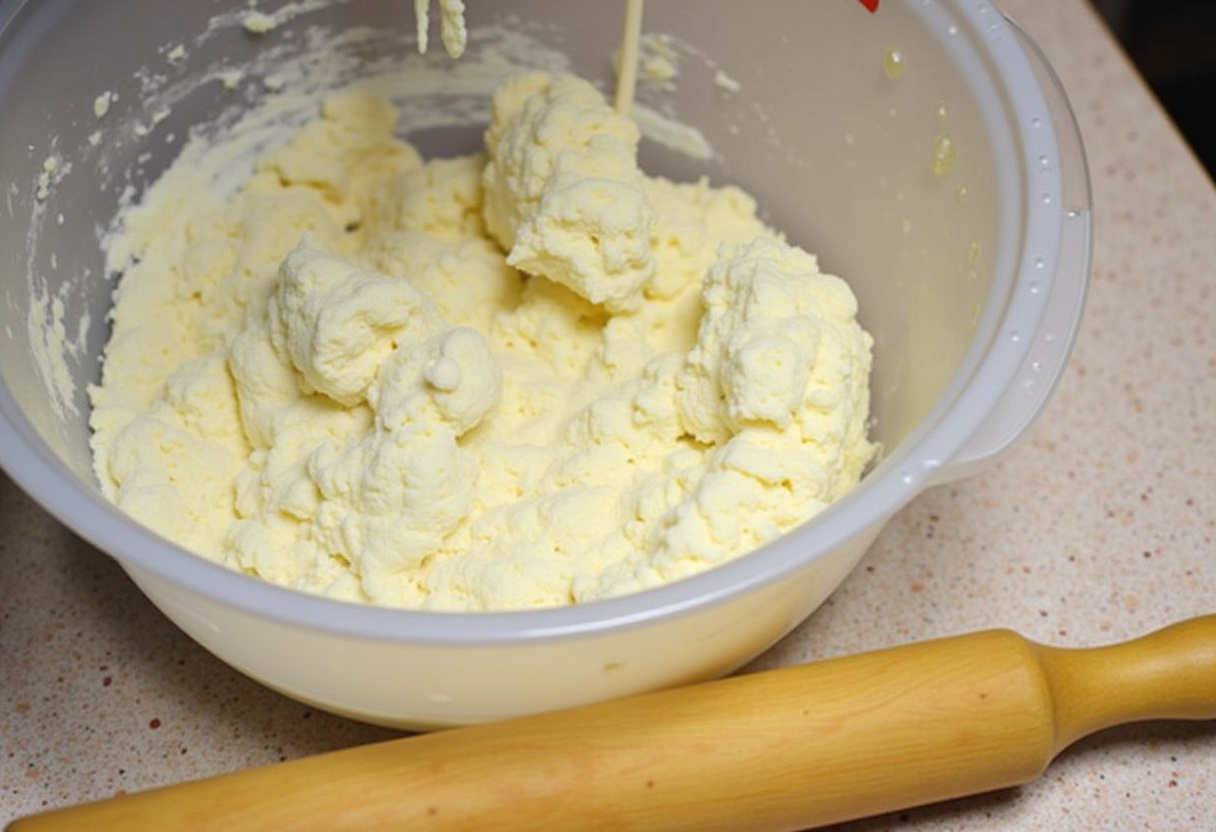Mixing dough for masa de hojaldre casera with flour and cold water in a bowl.