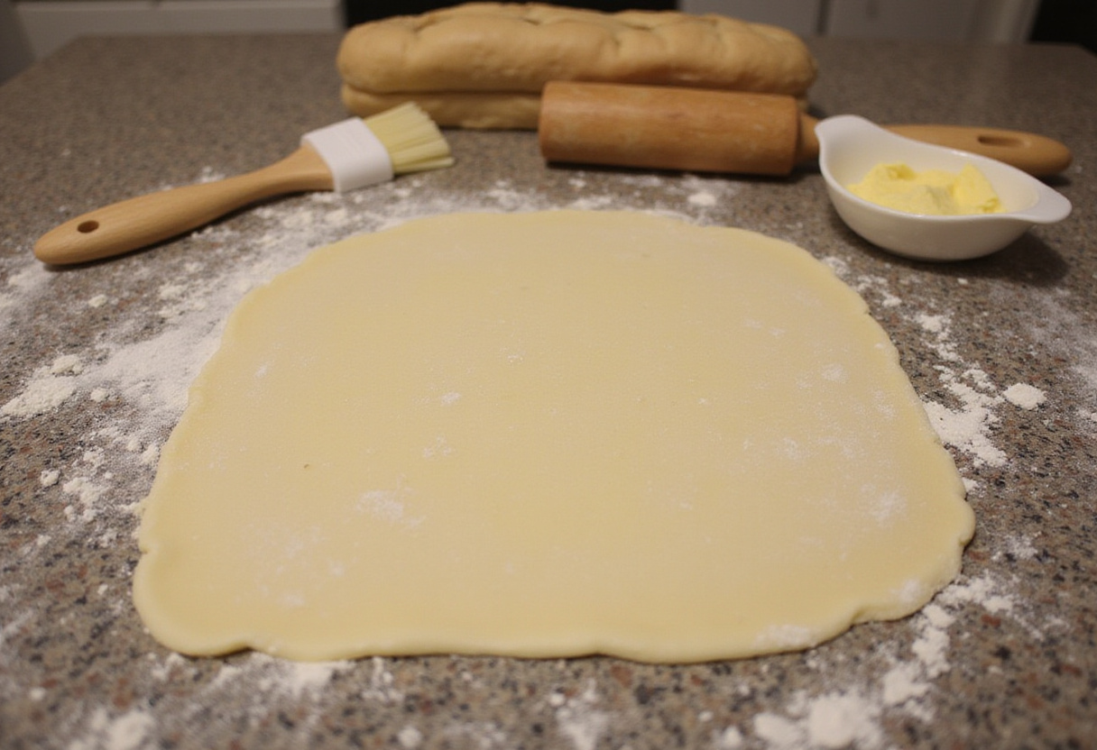 Rolling out dough for masa de hojaldre casera on a countertop, preparing for layering.