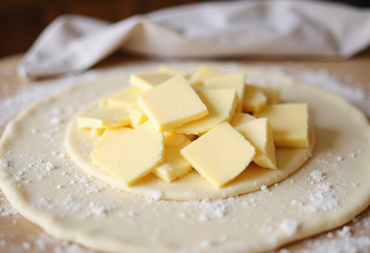 Folding butter into dough for masa de hojaldre casera, creating layers for puff pastry.