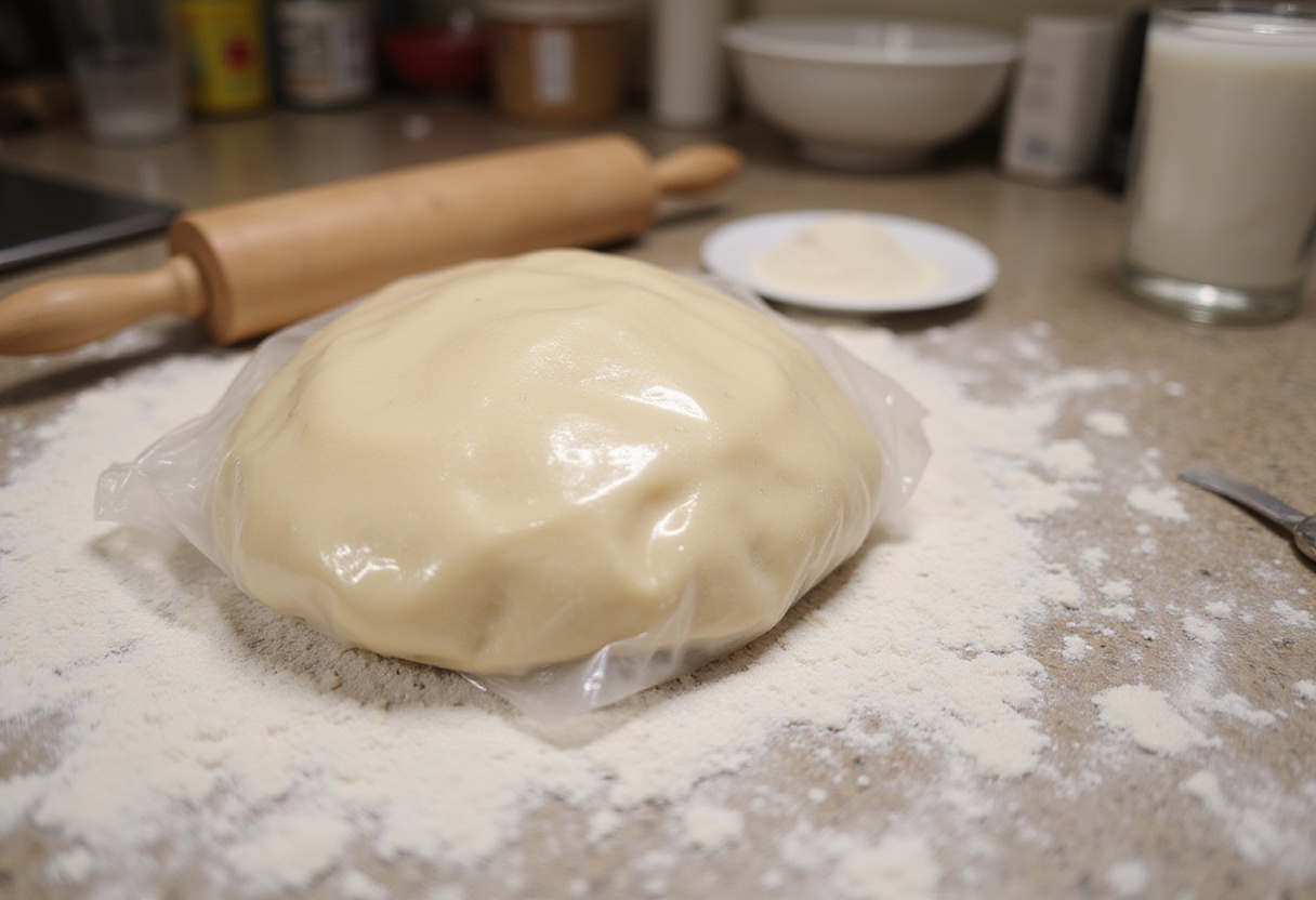 Masa casera de empanadas preparada y envuelta lista para reposar.