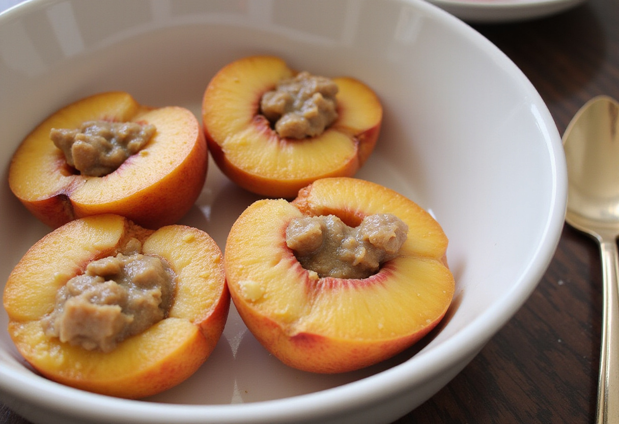 Mezcla de almendras y azúcar preparada para rellenar melocotones en la receta de melocotones rellenos.