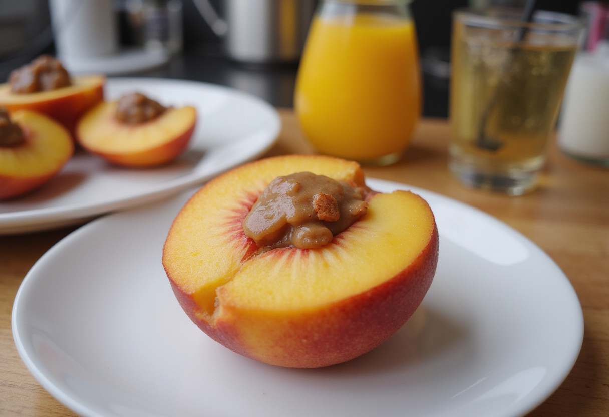 Melocotones rellenos con mezcla de almendras para unos deliciosos melocotones rellenos.