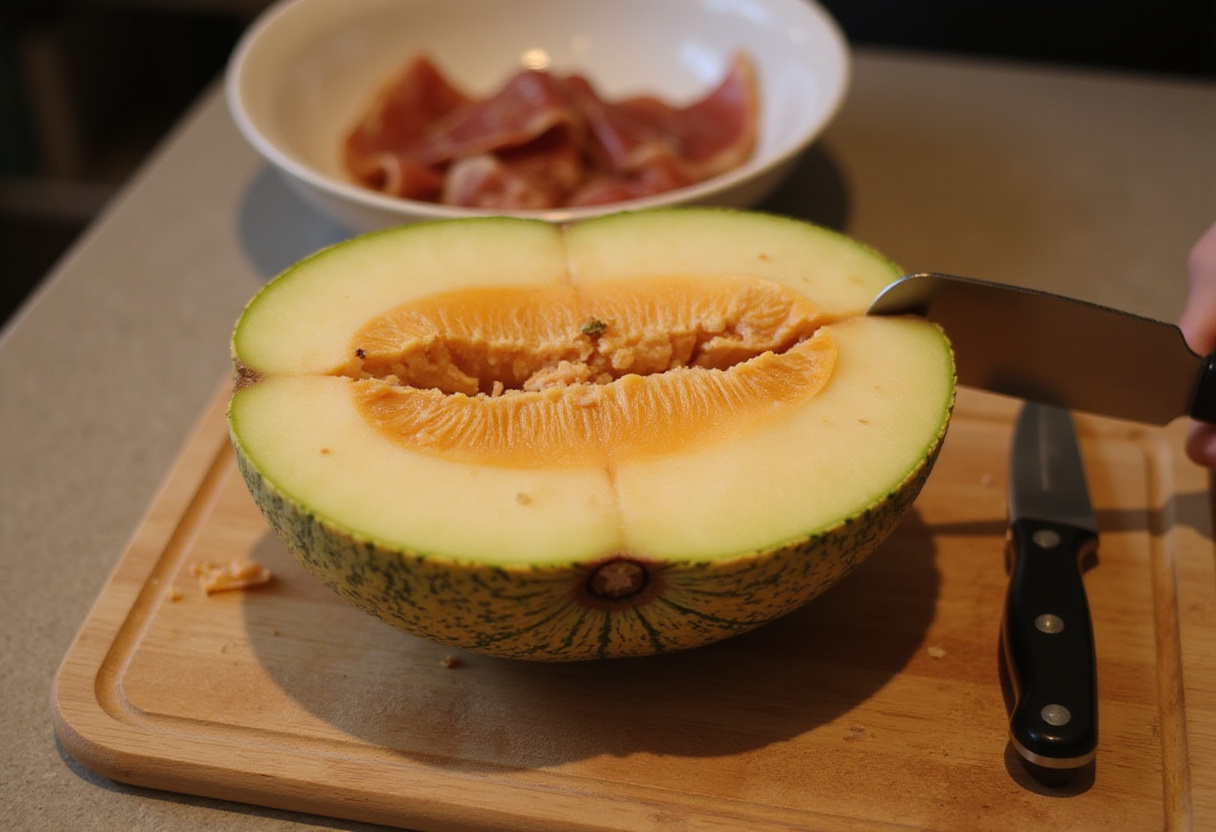 Cortando un melón en preparación para la receta de melón con jamón.