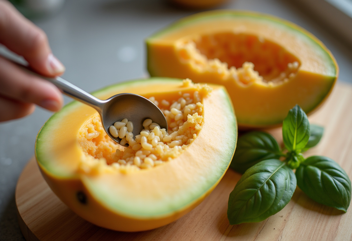 Retirando las semillas de las mitades de melón para la receta de melón con jamón.