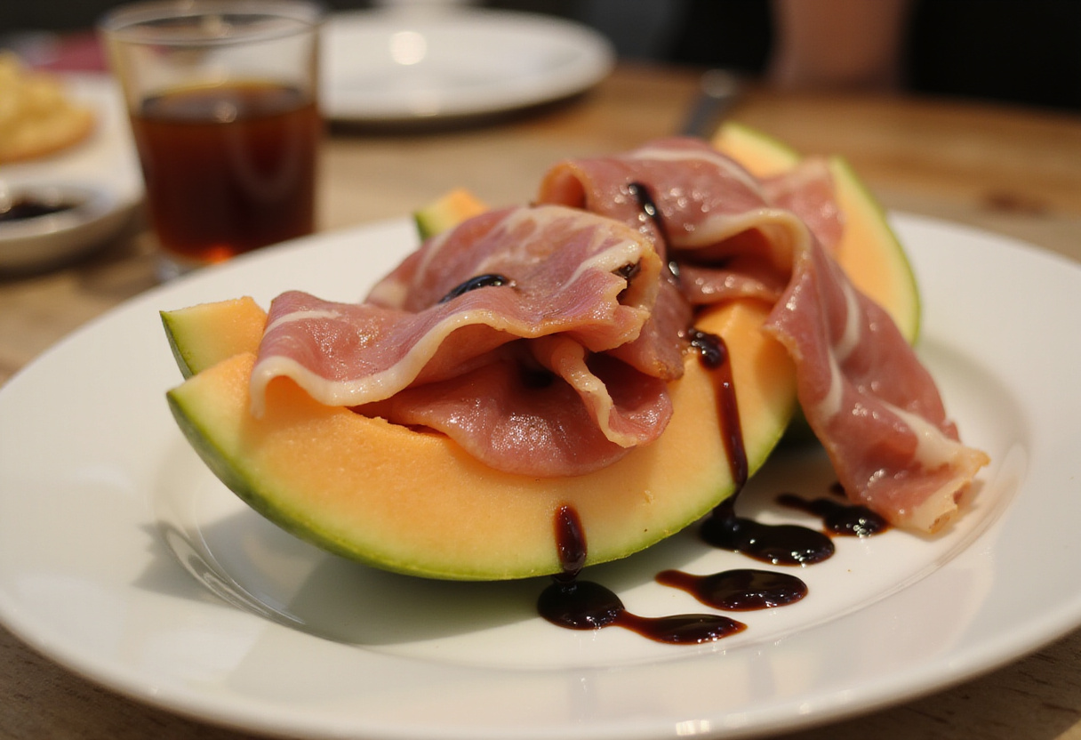 Jamón siendo colocado sobre el melón para la receta de melón con jamón.