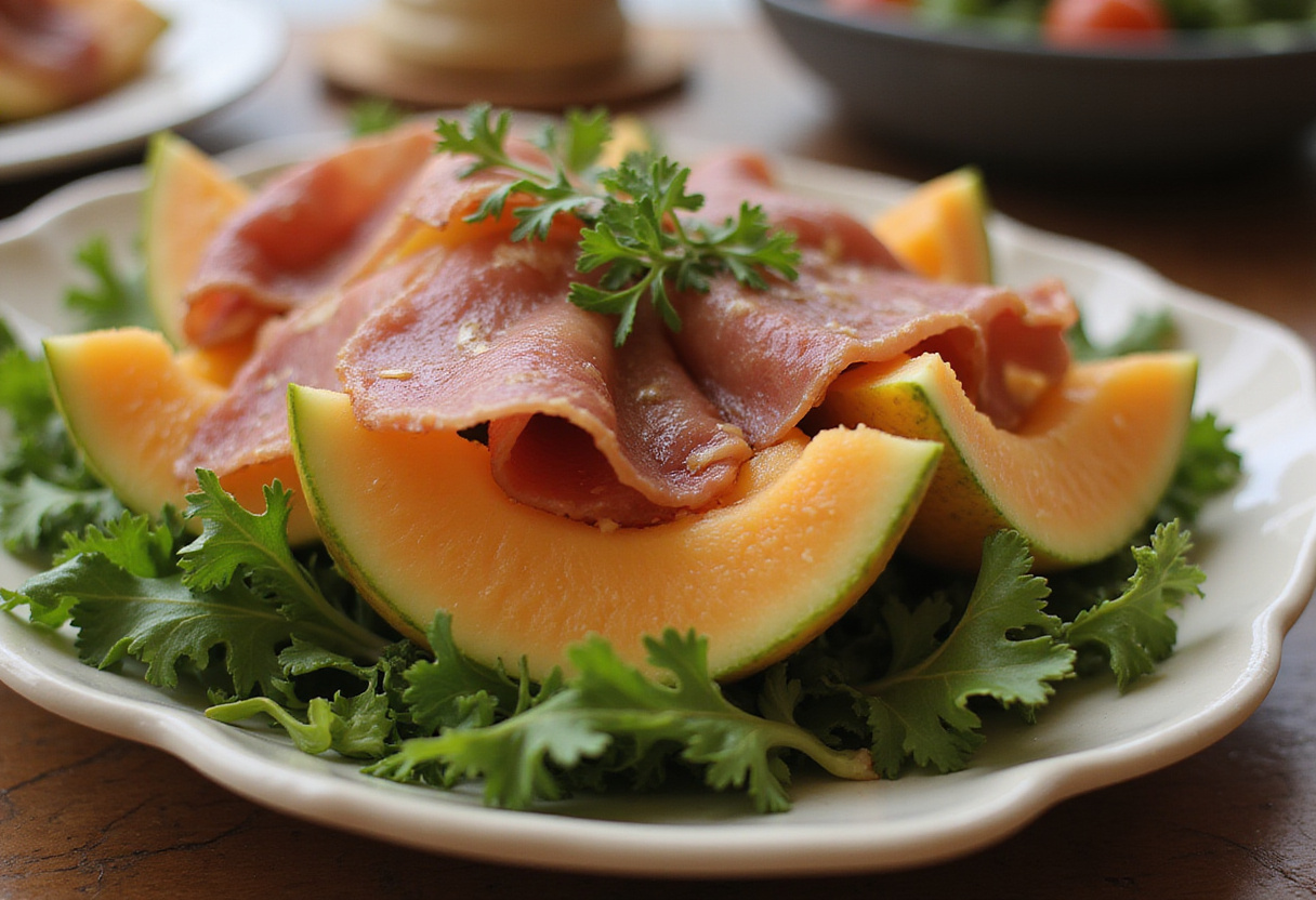Melón con jamón emplatado listo para ser servido, destacando la receta de melón con jamón.