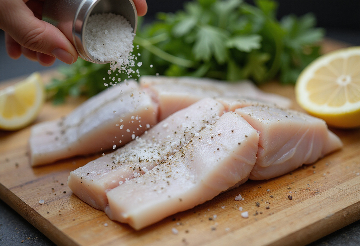 Fillets de merluza sazonados listos para la receta de merluza con salteado primaveral.
