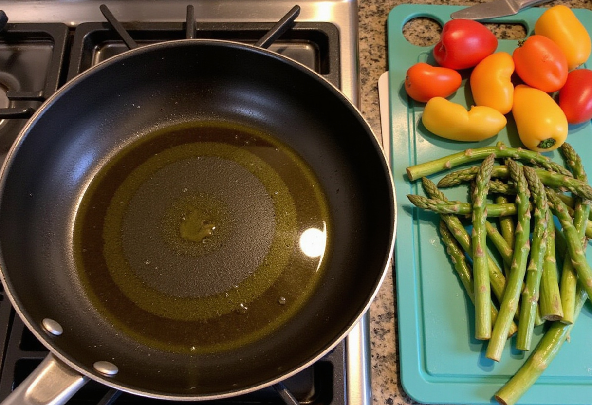 Calentando aceite de oliva en una sartén para el salteado de verduras en la receta de merluza con salteado primaveral.