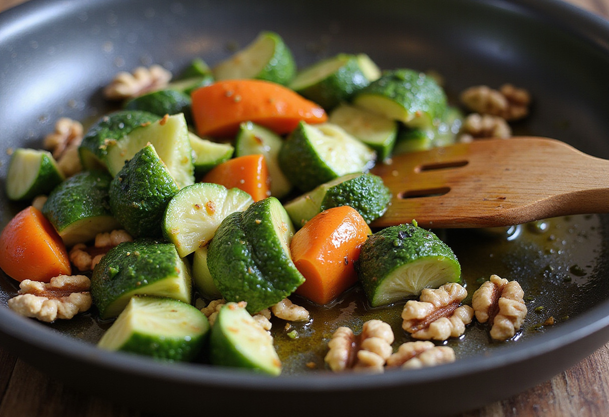 Verduras salteadas con nueces en una sartén para acompañar la merluza al horno.