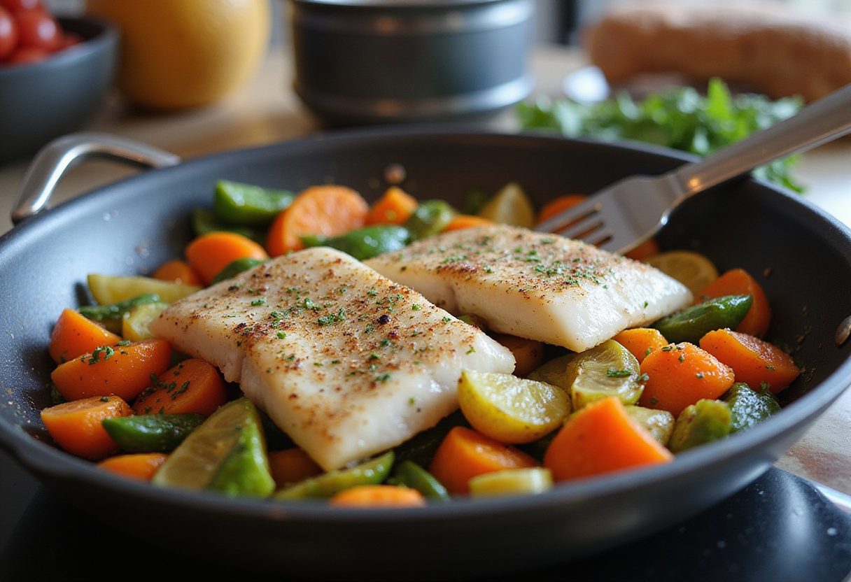 Merluza y verduras en la sartén, una preparación deliciosa para la receta de merluza fácil.