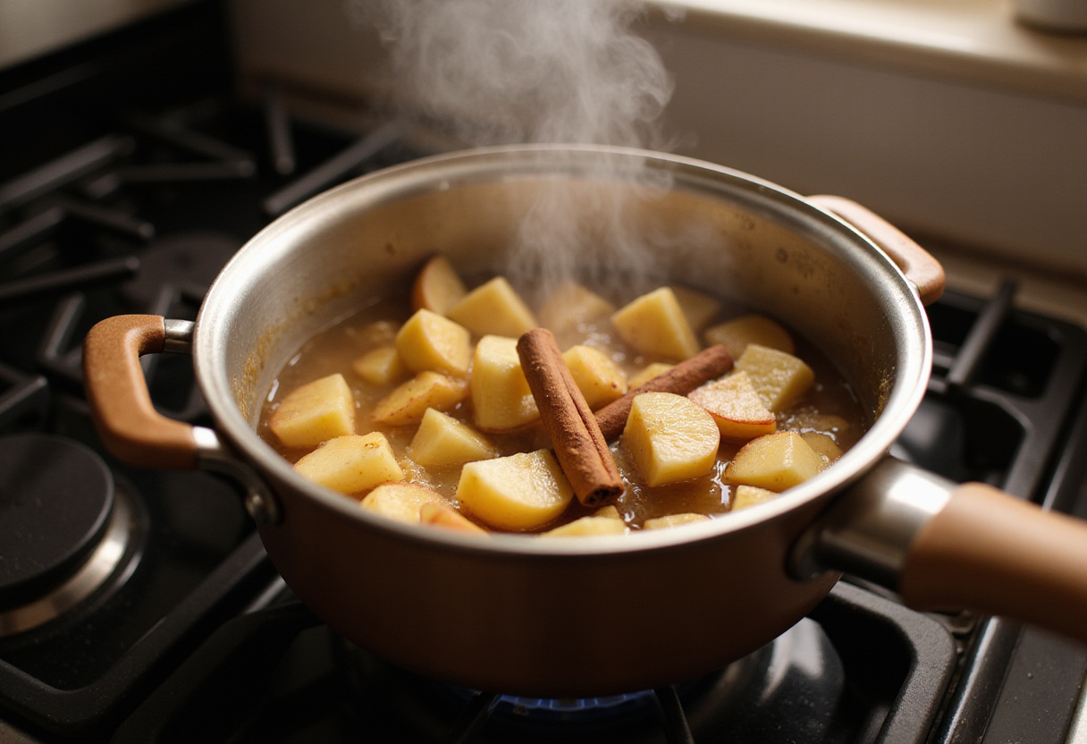 Manzanas y ramas de canela a fuego lento para la preparación de la mermelada sin azúcar.