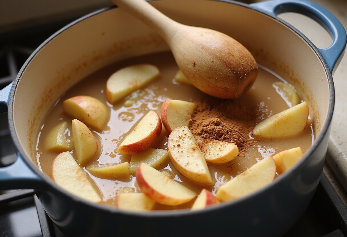 Revolviendo la mezcla de manzana y canela para hacer mermelada de manzana y canela sin azúcar.