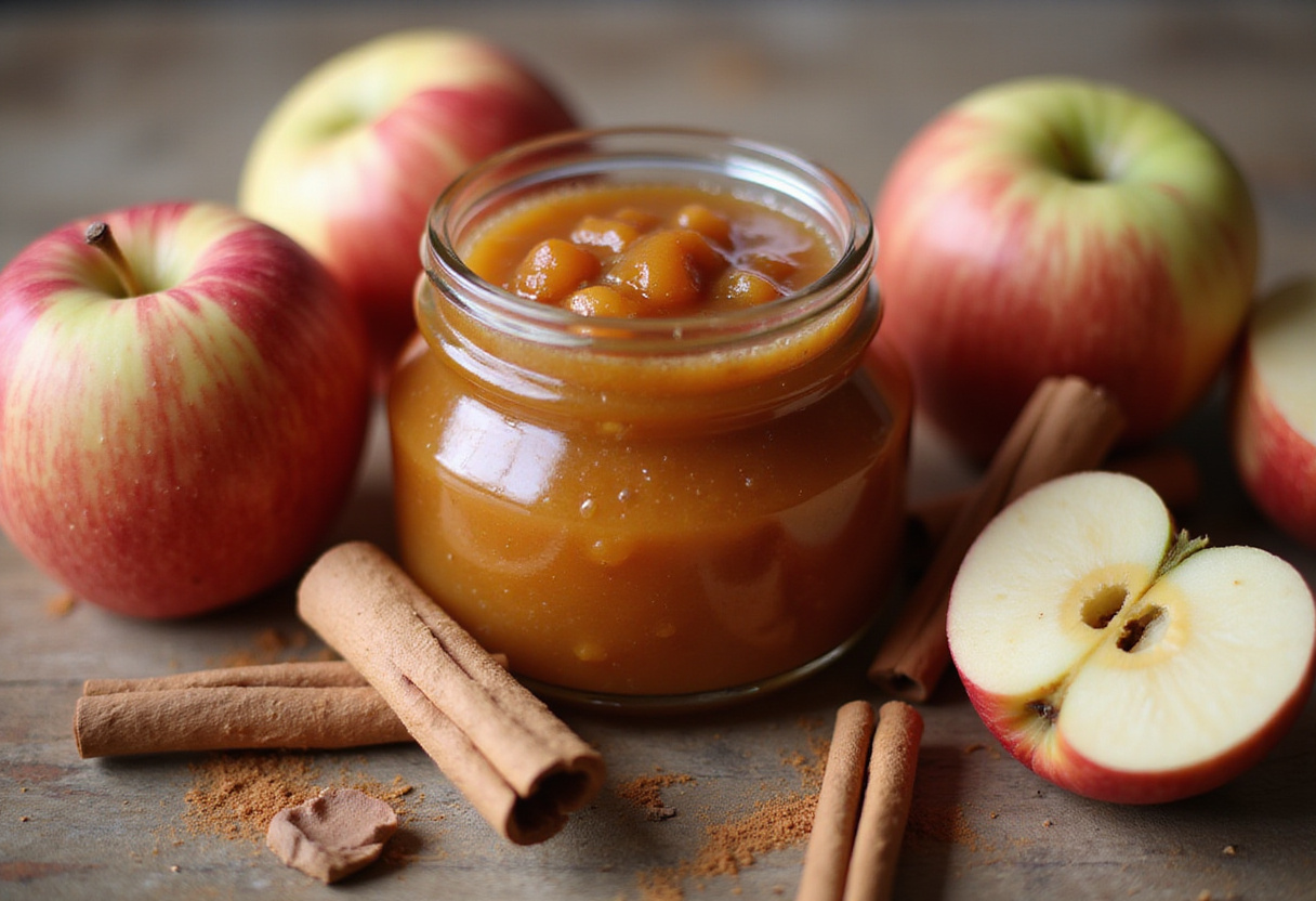 Mermelada de manzana y canela sin azúcar casera en un frasco lista para guardar.